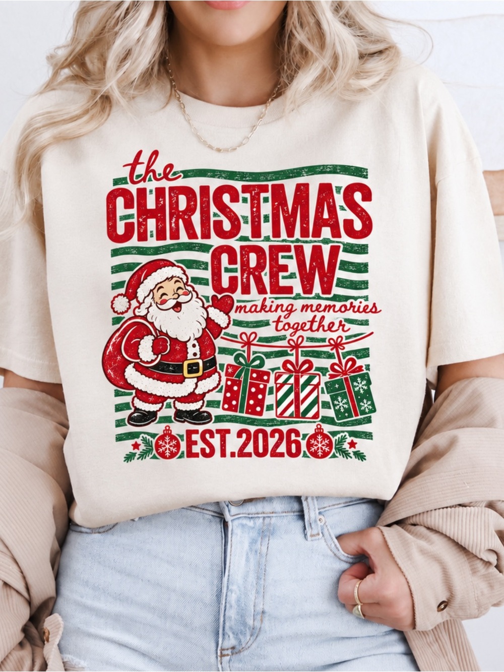 Gildan Retro Christmas Crew 2026 Santa Graphic T-Shirt Cream NWT